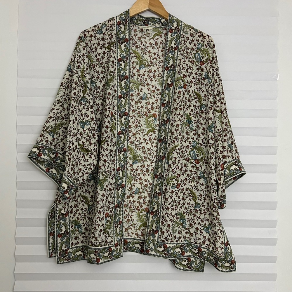 Max Studio Women Floral Kimono‎ Cardigan Open Front Paisley Print Cream L Boho